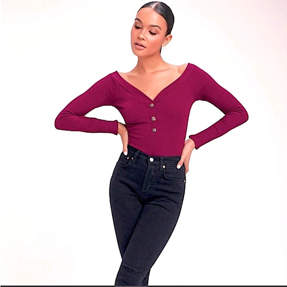 Lulus Tops - (NWOT) LuLus Lilith Burgundy Off-the-Shoulder V-Neck Long Sleeve Ribbed Bodysuit